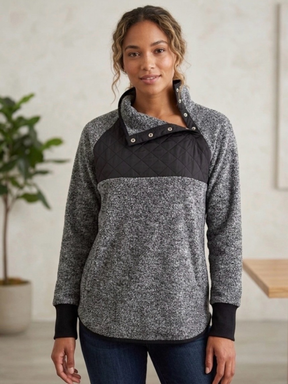 Gray and Black Snap Up Quilted Fleece Pullover